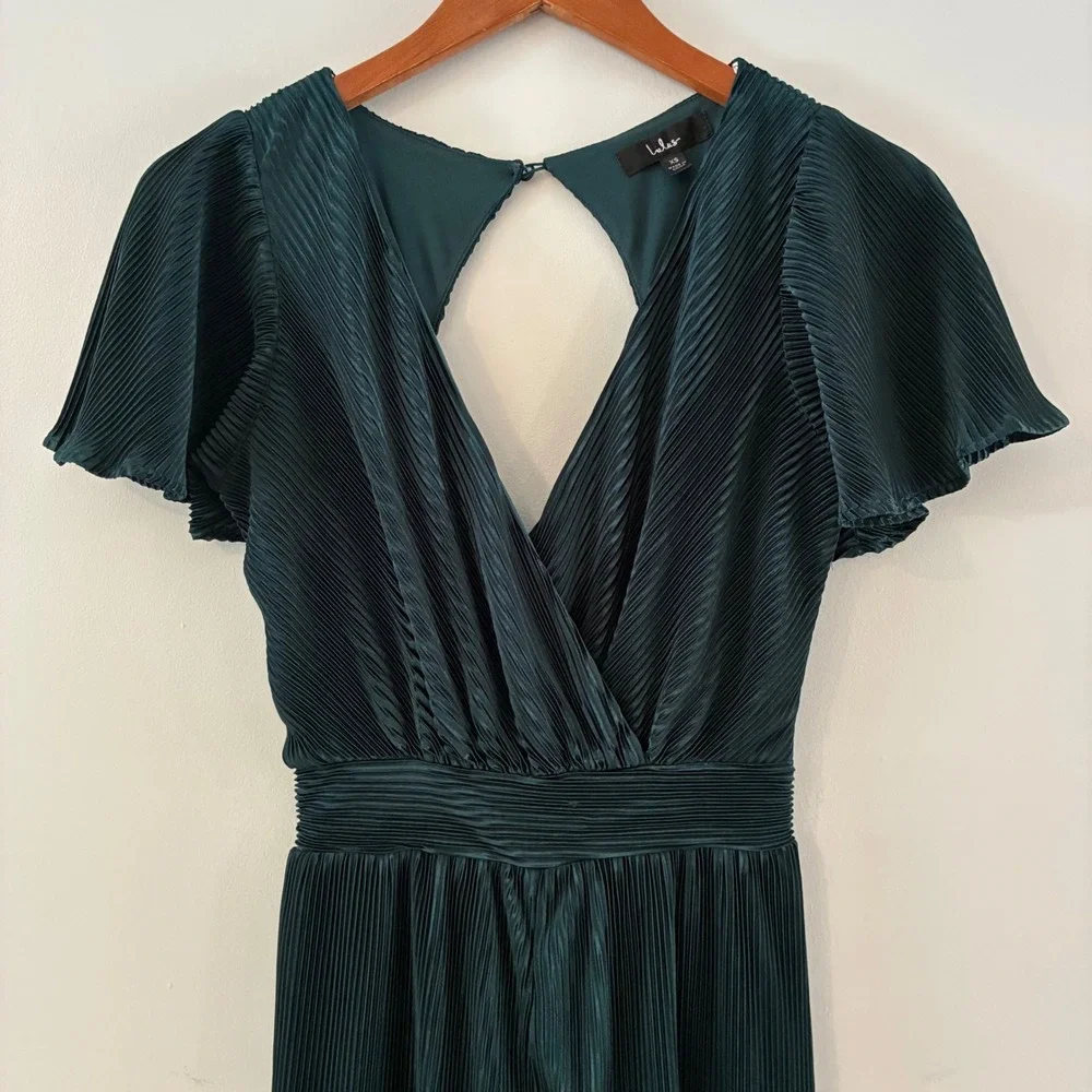 Lulus Jumpsuit XS Green Pleated Wide Leg Flutter Sleeve Wedding Party Cocktail